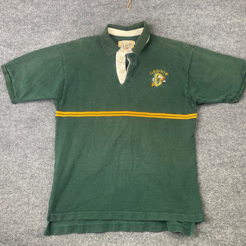 Vintage Dehen Oregon Ducks Polo Shirt Green Cotton Rugby Stripe Made in USA Med